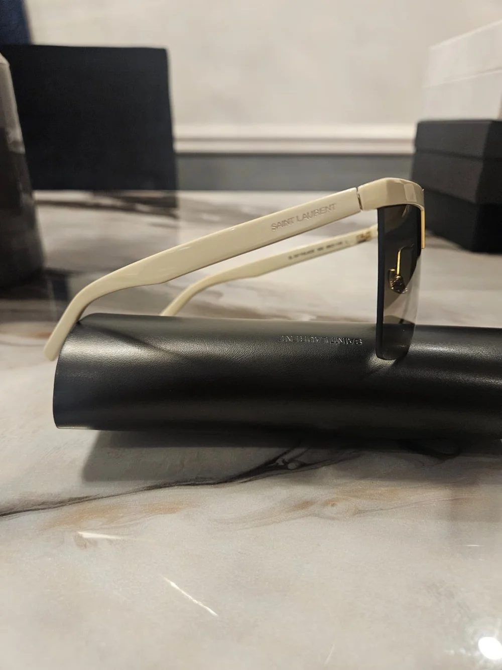 Saint Laurent Men’s Cream Frame Sunglasses with Black Gradient Lenses